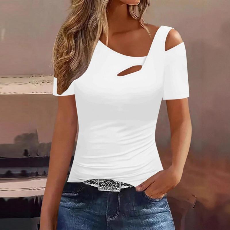 Short Sleeve Hollow Out White Blouse Women Elegant Loose T-Shirt Fashion Casual Slim Fit Tops Off Shoulder Woman T-Shirt Holiday Weekend Top