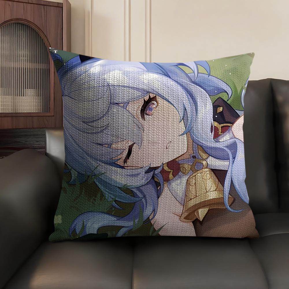 Cute Ganyu Genshin Impact Cushion Cover Natural Linen Organic Fabric DoubleSided Printing Sofa Home Decor Gift Pillow Case