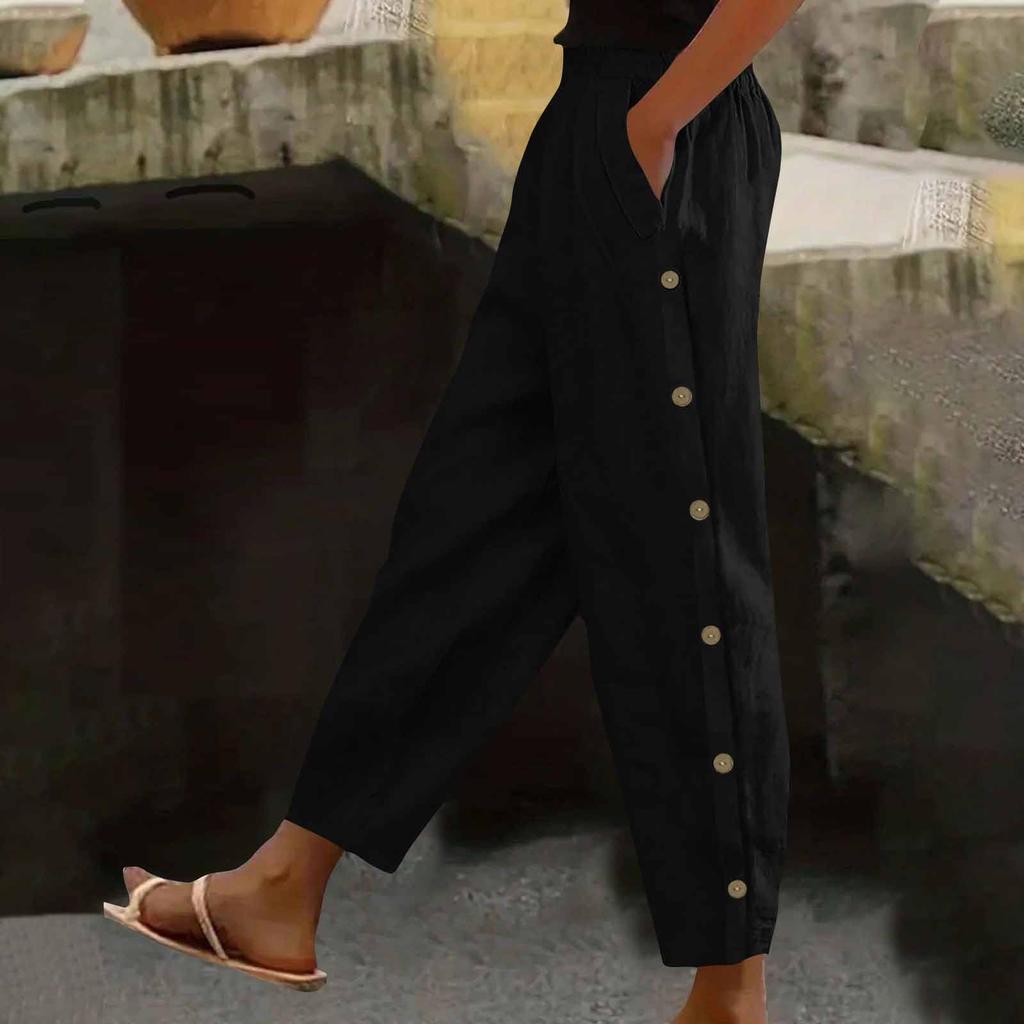 Women's Fashion Side-Button Pocket -Color Mid- Cotton-Linen Blend Relaxed-Fit Trousers