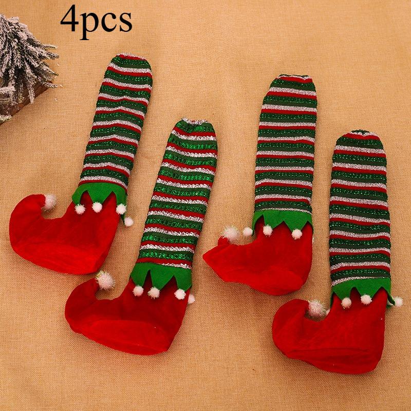 4Pcs Christmas Table Corner Decorations Striped Elf Table Foot Cover Chair Foot Cover Holiday Home Table and Chair Cover