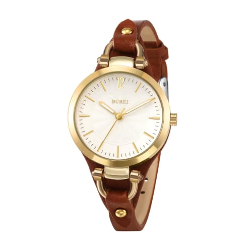

BUREI Women s Analog Quartz Watch, Waterproof, Simple and Stylish, Easy-to-Read Gold Dial, Brown Leather Strap, Japanese-Made Battery, Perfect for Wor