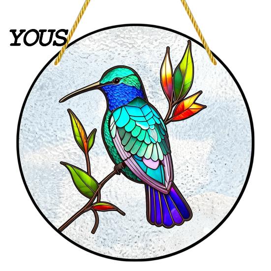 Stained Acrylic Bird Suncatcher Colorful Hummingbird Wall Hanging Decoration, for Window Exquisite Floral Motif Decor, Decorative Pendant with