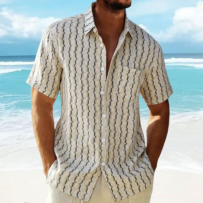Herren Sommer Mode Gestricktes Fischschuppen Gestreiftes Kurzarm Hawaiianisches Hemd Lässig Tasche Strand Urlaubshemden Herrenbekleidung