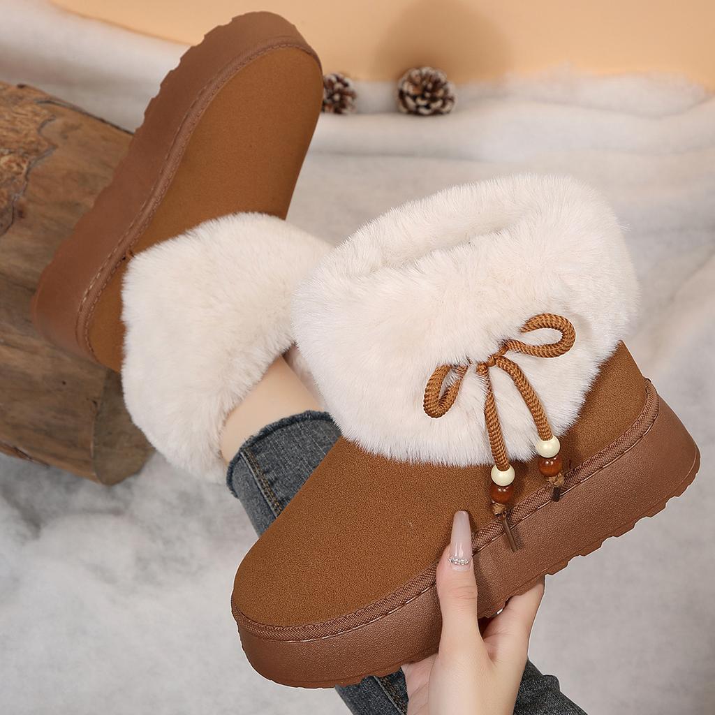 Sweet Beaded Bowknot Decoration Furry Snow Boots Women 2025 Winter Soft Thick Bottom Non Slip Fur Booties Warm Short Plush Boots