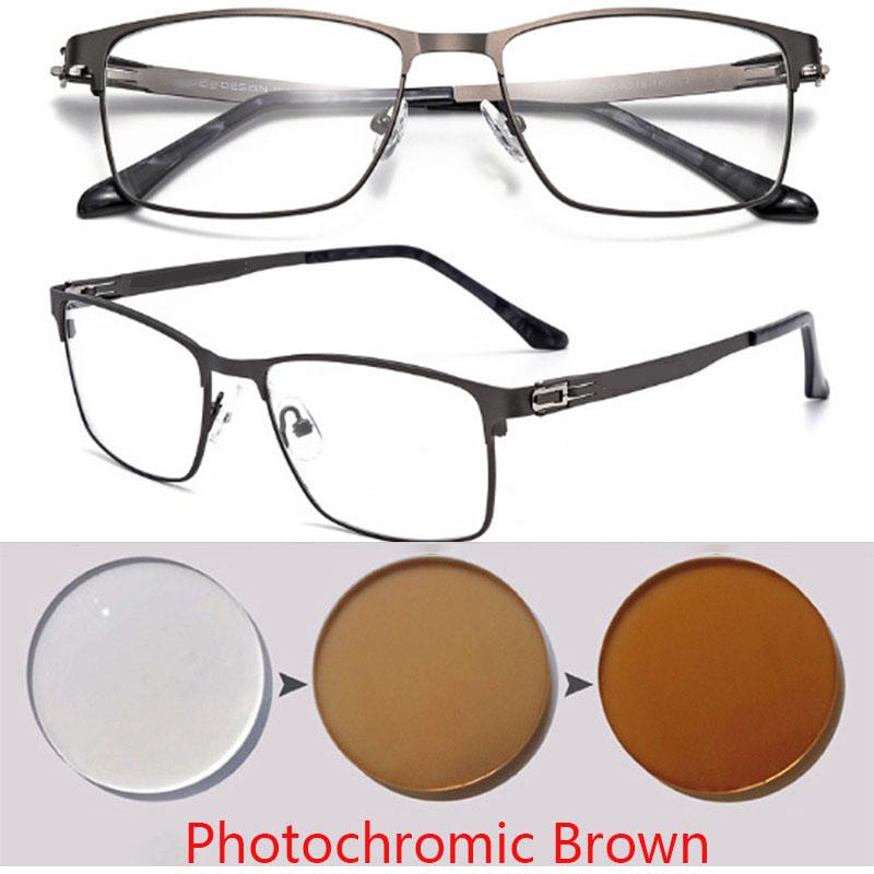 No Screws Design Sun Photochromic Gray Square Prescription Eyeglasses Full Metal Men Power Spectacles 0 -0.5 -0.75 -1.0 To -6.0