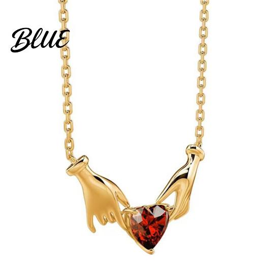 Vintage Style Alloy Necklace Hands Holding Heart Necklace Red Cubic Zirconia Meaningful Valentine Day Jewelry Gold-Tone Romantic Dainty for