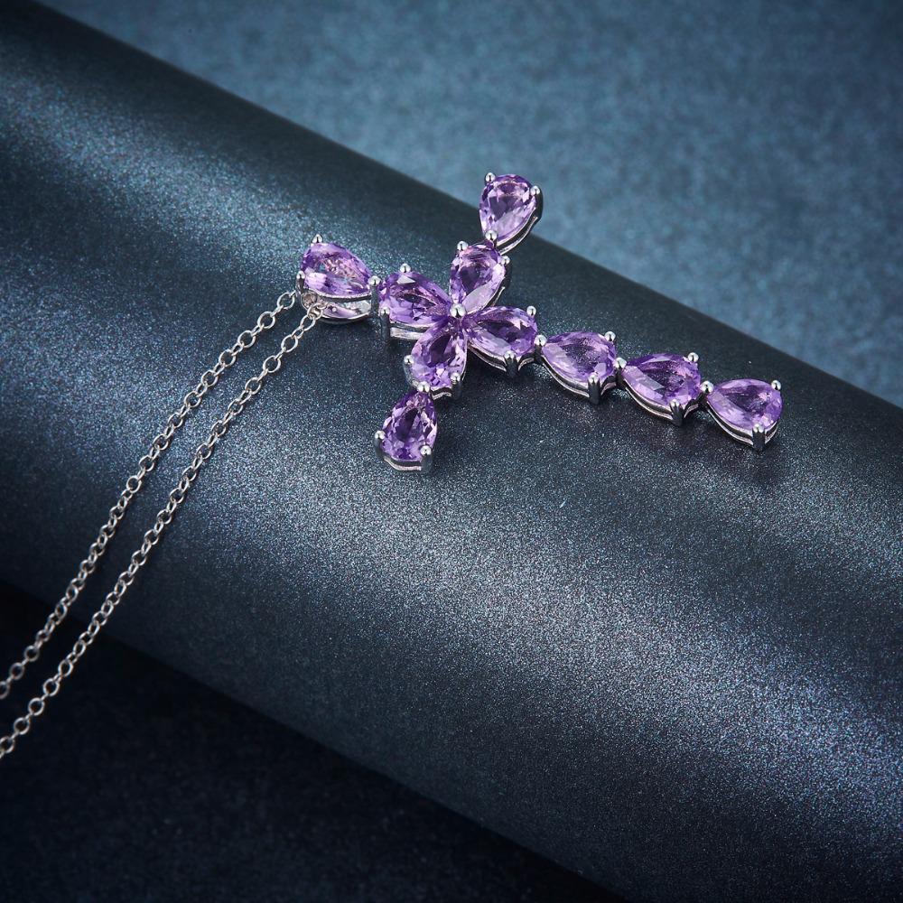 Amethyst Natural Gemstone Cross Pendant Necklace In 925 Silver Plated