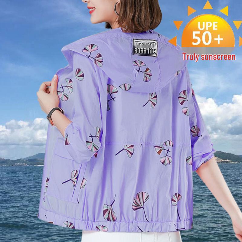 

Летняя куртка с капюшоном для защиты от УФ-лучей для женщин среднего и пожилого возраста: Свободный крой с принтом 5XL (suitable for 180-200 jin) фиолетовый
