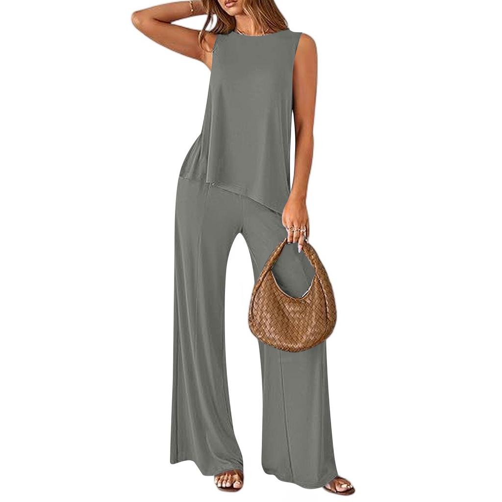 Women's 2-Piece Fashionable Casual Loose Fit Sleeveless Asymmetrical Split Hem Tank Top And Wide Leg Pants Activewear Set