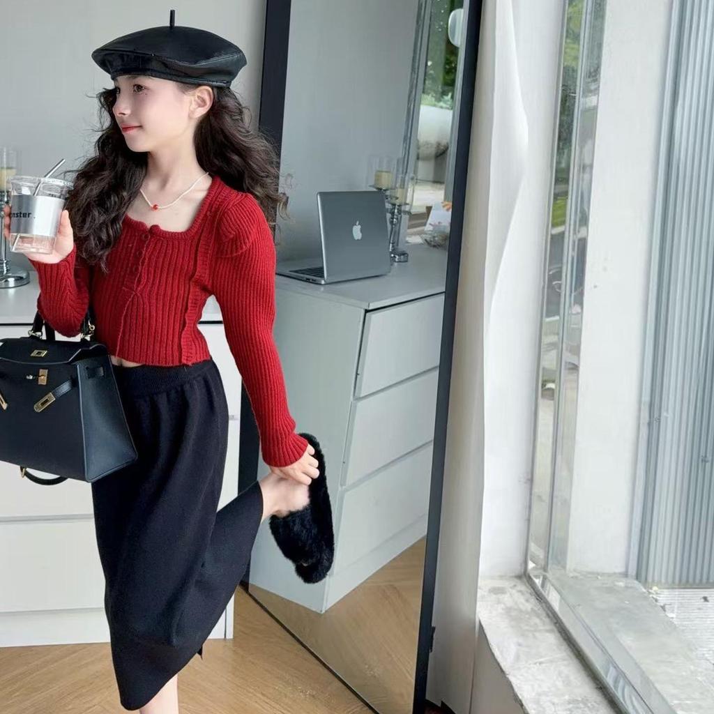 Mädchen Pullover mit Puffärmeln & Rock Set - 2025 Trendige Herbst/Winter Mode für Große Kinder