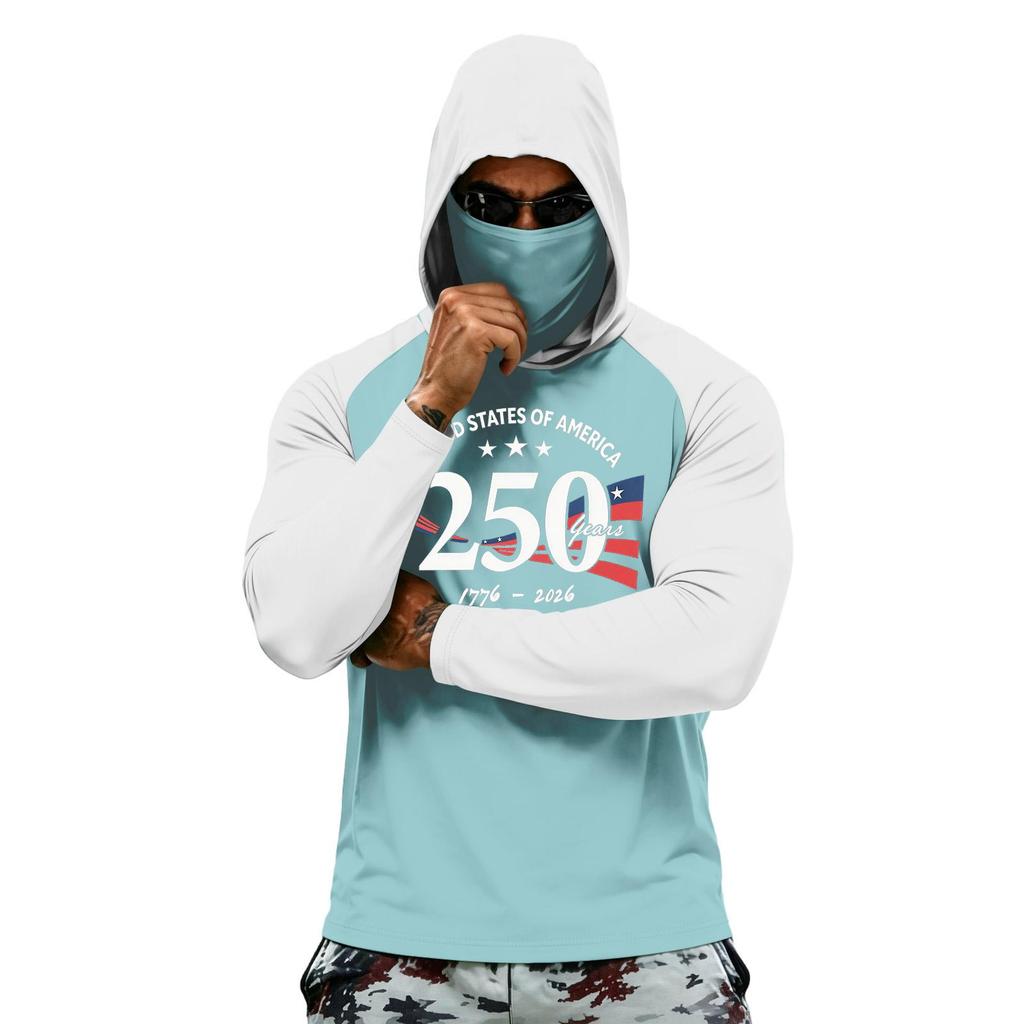 Men Long Sleeve Hooded Sun Protection Shirt with National Flag Graphic Quick Dry Lightweight Athletic Top for Outdoor Activities