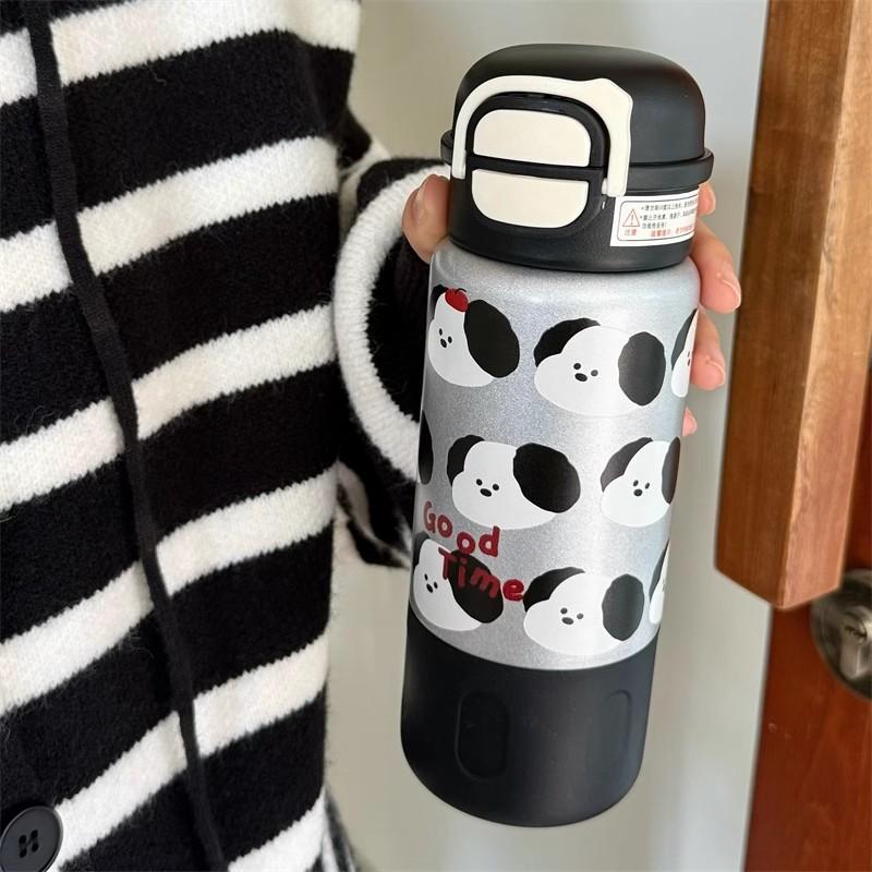 Cute Cherry Puppy Water Bottle 500ml Kawaii Stainless Steel Thermal Bottle Thermos Cups With Straw Coffee Tea Tumbler Girl Gift