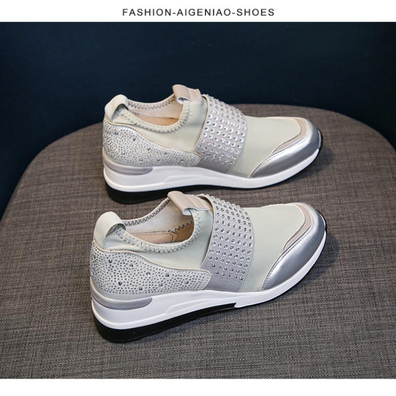 2025 Spring Korean Style Wedge Heel Rhinestone Slip-On Casual Flats for Women - Plus Size Round Toe Thick Sole Dad Shoes