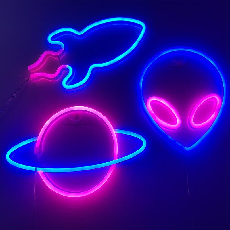 Weltraum Neon Nachtlicht USB ET Planet Rakete LED Lichter 3D Kunst Nachtlichter Lampe für Schlafzimmer Wand Neon LED Streifen AA Batterie