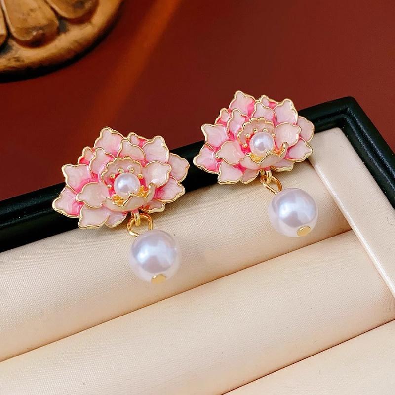 Koreanische Lila Kristall Kamelien Ohrstecker für Damen Elegante Tropföl Perle Blume Ohrringe Hochzeit Zirkonia Accessoires