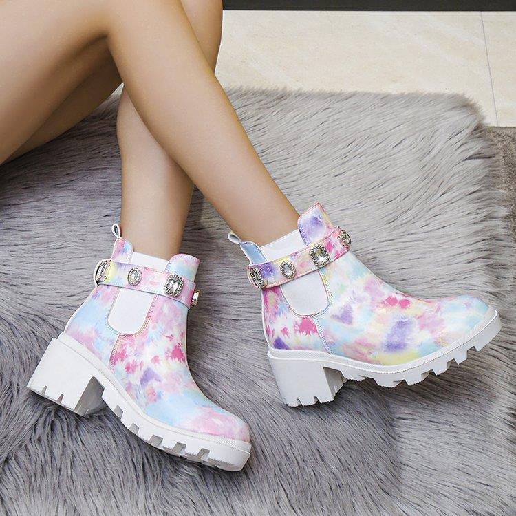 

New large-size color printed short boots women s high-heeled autumn and winter European and American rhinestone thick-heeled Martin boots 43