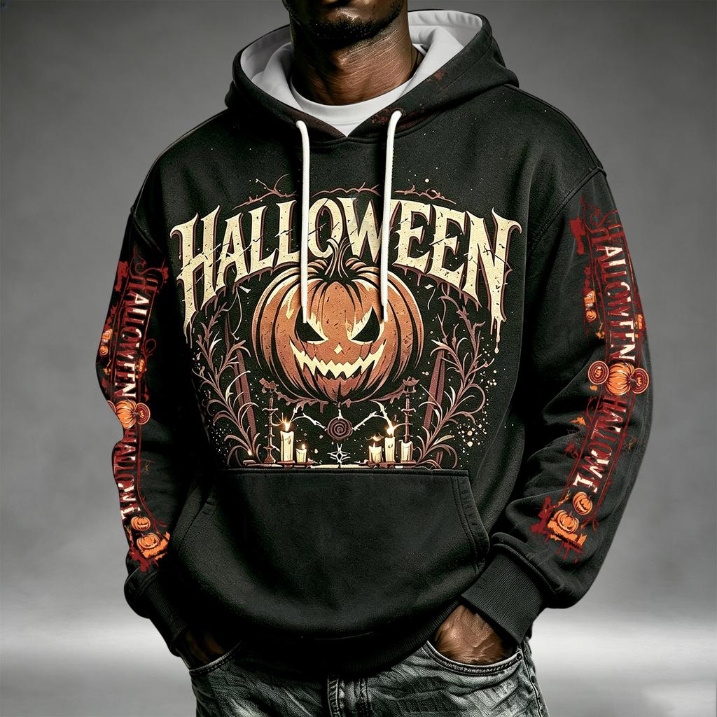Men's Loose Fit Halloween Print Hoodie with Pocket and Drawstring for Casual Everyday Wear