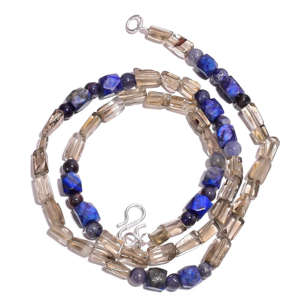 Natural Smoky Quartz Lapis Lazuli Iolite Gemstone Beads Necklace 17" UB-4120 UB-4120