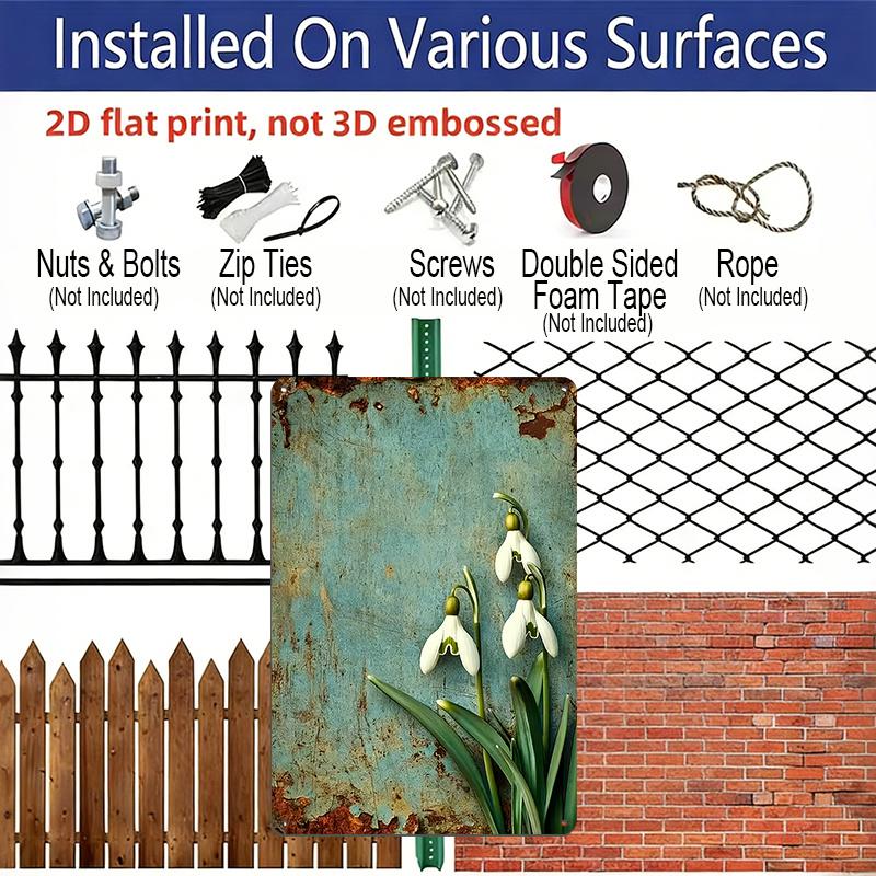 2D Flat 1pc Vintage Floral Aluminium Wall Art Sign Rustic Snowdrop Flowers 8x12 Aluminium Rustic Garden Home Decor Spring Floral Wall Decor