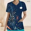 Women Plus Size Nurse Scrub Top V Neck Short Sleeve Navy Blue Fireworks Print With Front Pockets
