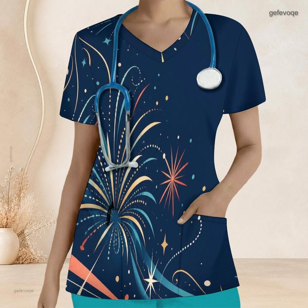 Women Plus Size Nurse Scrub Top V Neck Short Sleeve Navy Blue Fireworks Print With Front Pockets