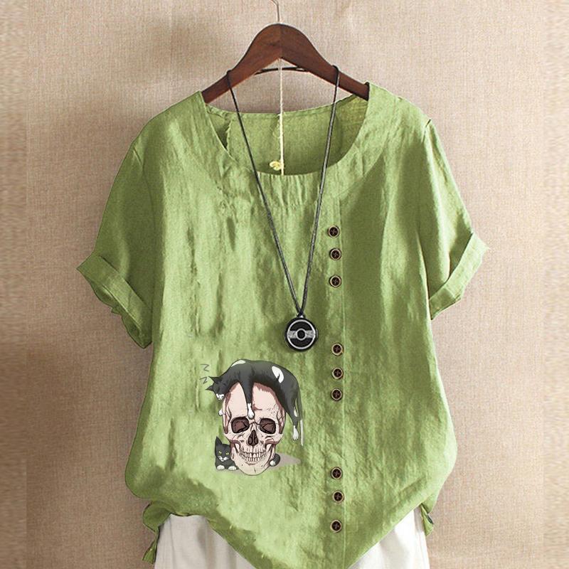 

Женская модная футболка с коротким рукавом и круглым вырезом, повседневная хлопковая льняная рубашка с рисунком, свободная летняя блузка с принтом кошек и скелетов для отдыха, топы 5XL зелёный
