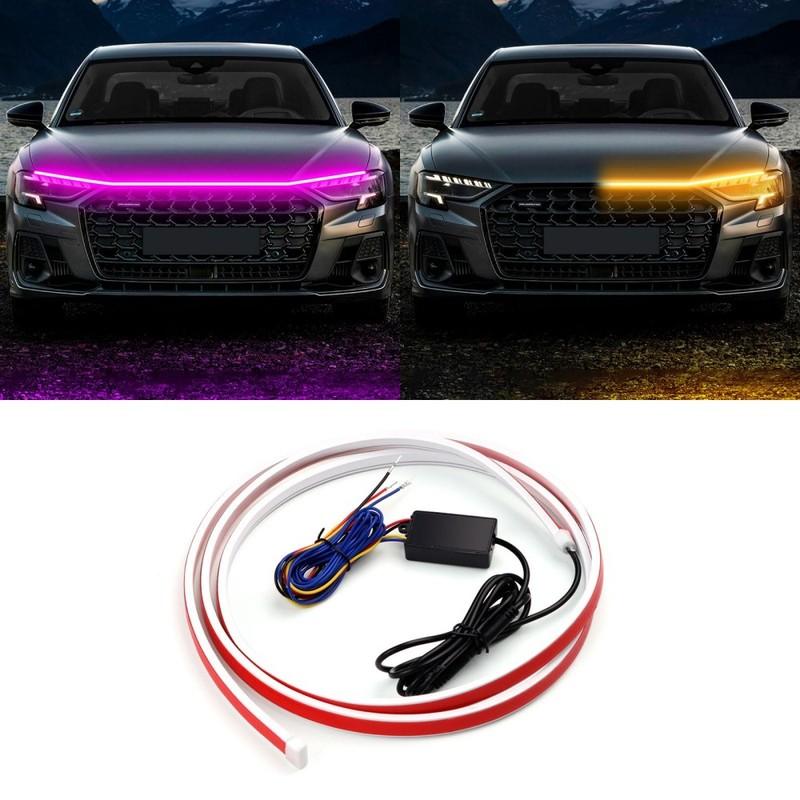 LED Car Daytime Running Light Strip - Pink & Yellow Dual Color Plug And Play Start Scan Turn Signal 12V Universal Car Hood Light
