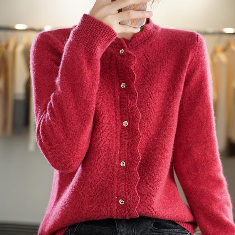 Women's Hollow Lace Wool Cardigan - Half-High Neck, Long Sleeve, Thick Autumn/Winter Style, Versatile, Fashionable Top