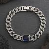 Chunky Cuban Chain Bracelets for Men Boys,Embossed Stainless Steel Chain Link Wristband with Blue Stone,Retro Jewelry Gift