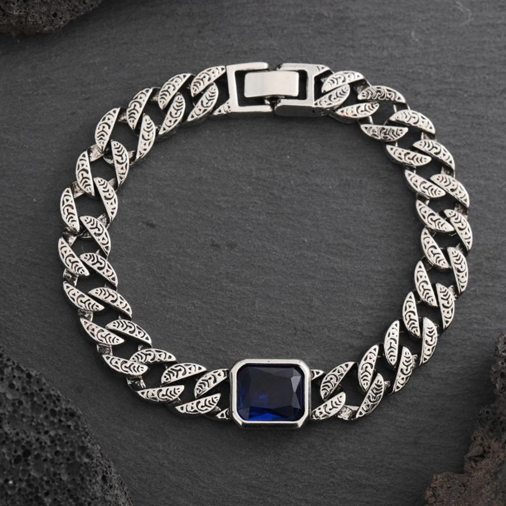 Chunky Cuban Chain Bracelets for Men Boys,Embossed Stainless Steel Chain Link Wristband with Blue Stone,Retro Jewelry Gift