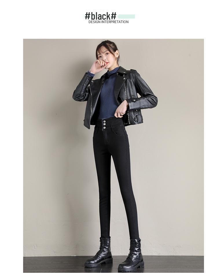 High-Waisted Fleece-Lined Skinny Denim Leggings with Multiple Buttons for Women - Perfect for Autumn & Winter