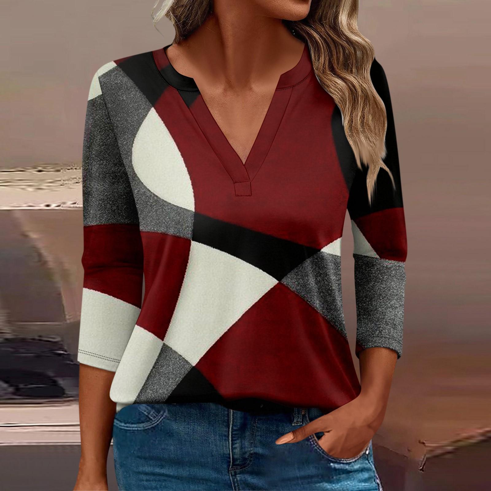 

Женская футболка Футболка с принтом Рукав 3/4 Повседневные Выходные Мода Базовый V-образный вырез Обычный топ XL красный