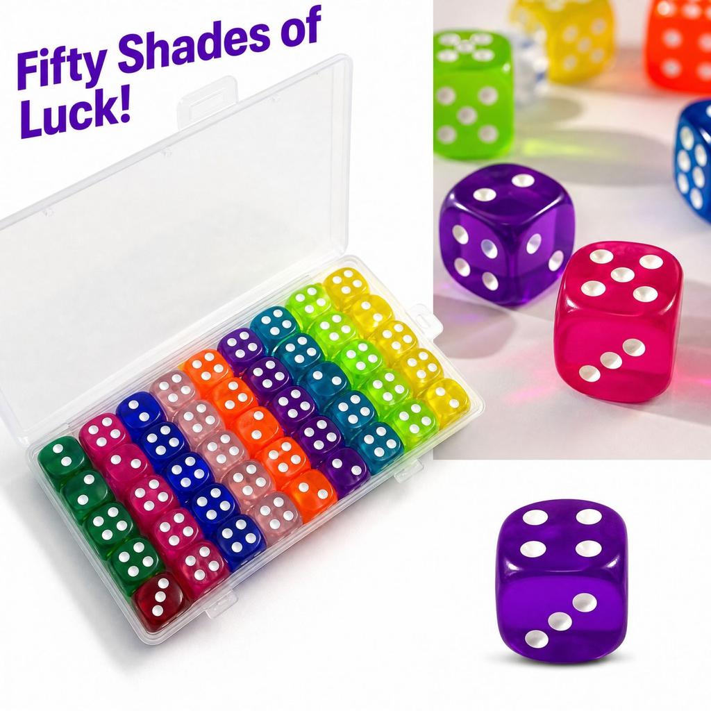 50 Piece Dice Set 14mm Six Sided Colored Dice, 10 Assorted Colors (5 Each), for Tabletop Games, Party Favors and Board Games