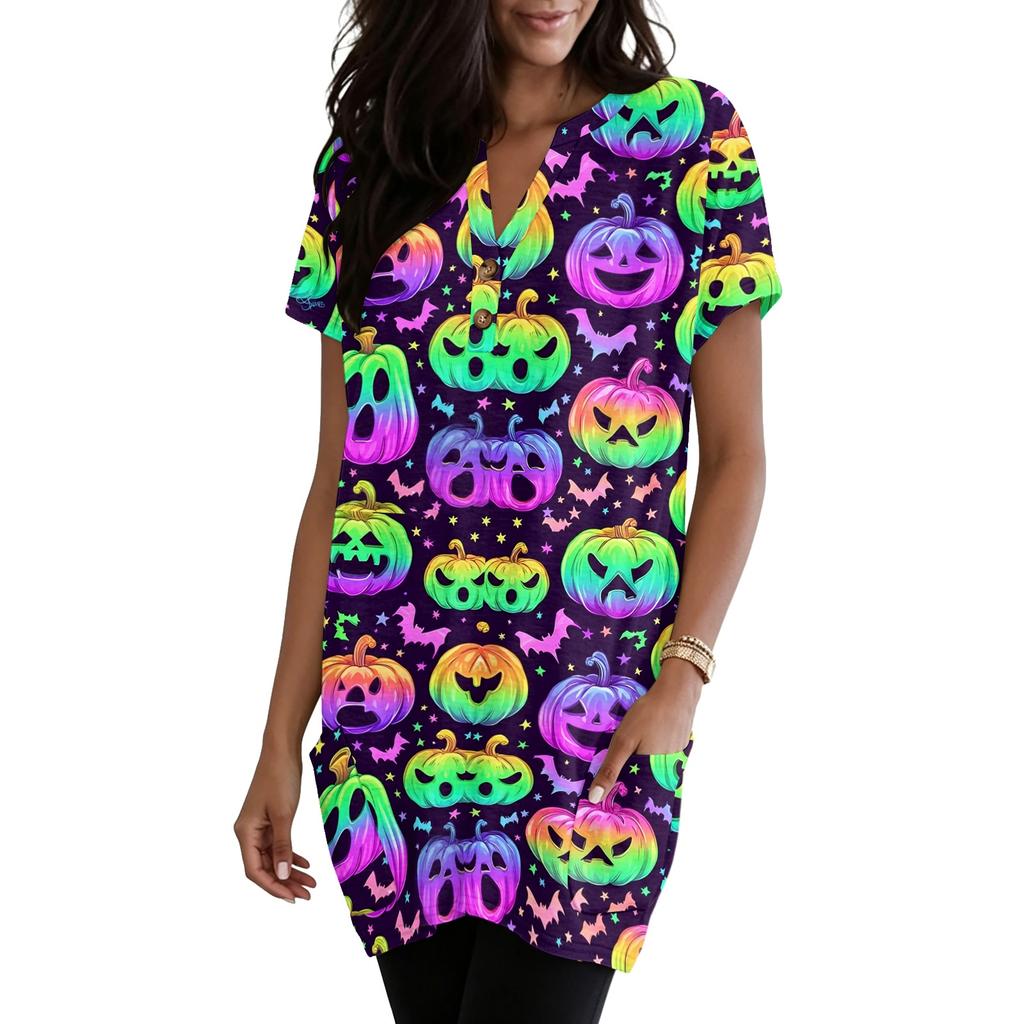 Women's V Neck Halloween Print Short Sleeve Pullover Dress with Pockets Casual Loose Fit Tunic Top