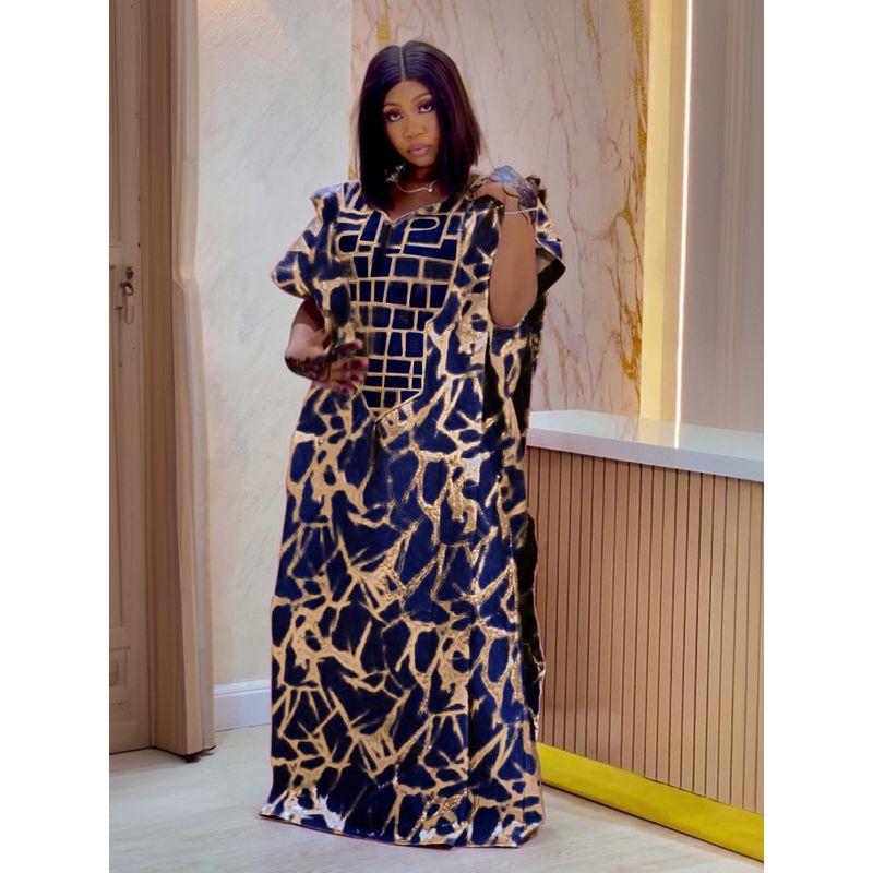 Summer African Indonesian Glossy Fabric Printed Tape Headscarf Short sleeve Robe Loose Women Tassel Dress Dresses