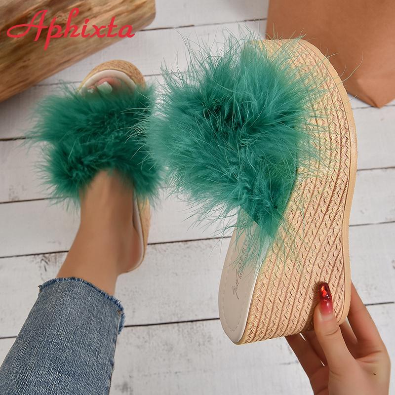 Fashion Aphixta Furry Green Wedge Platform Slides Women's Shoes 9cm Slippers Flip Flops Heels Shoes Beach Sandals Plus Size 43