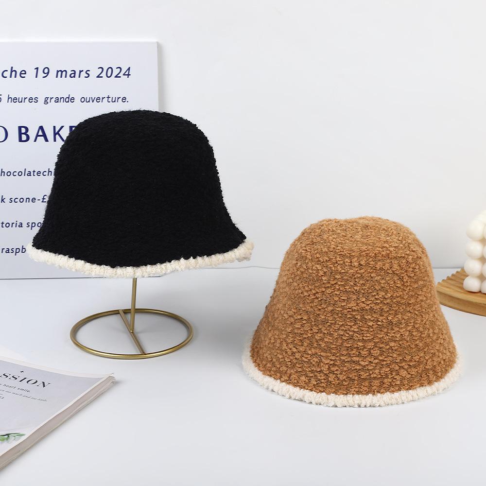 Bucket hat women's velvet thickened fashionable versatile knitted basin hat big head circumference showing small face ear protection warm hat