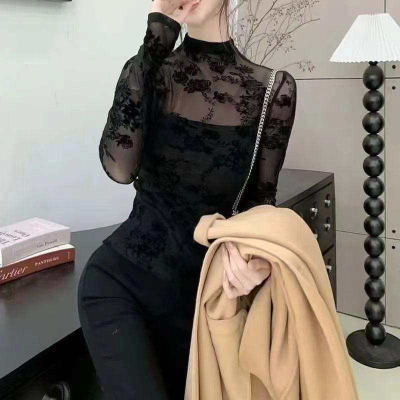 Damen Slim Fit Spitzenunterhemd, Halboher Kragen, Beflockte Langarm - Perfekt für Herbst und Winter