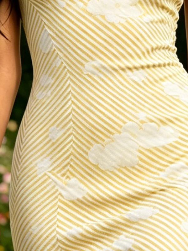 Summer Women's One Shoulder Midi Dress Stripe & Cloud Print Yellow White Bodycon Sundress