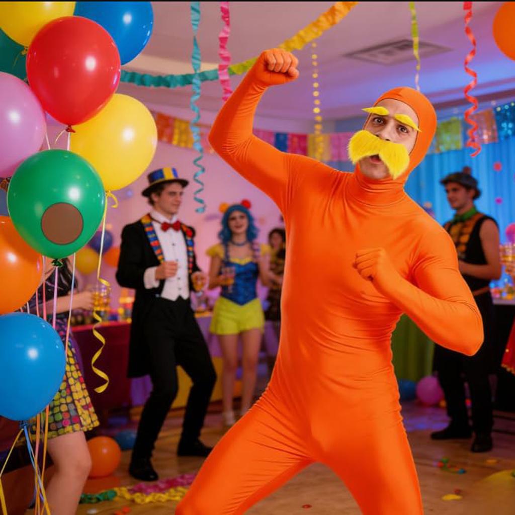 Orange Costume, Unisex Orange Full Body Suit With Fake Mustache And Eyebrow, Ideal For Party, Carnival, Halloween