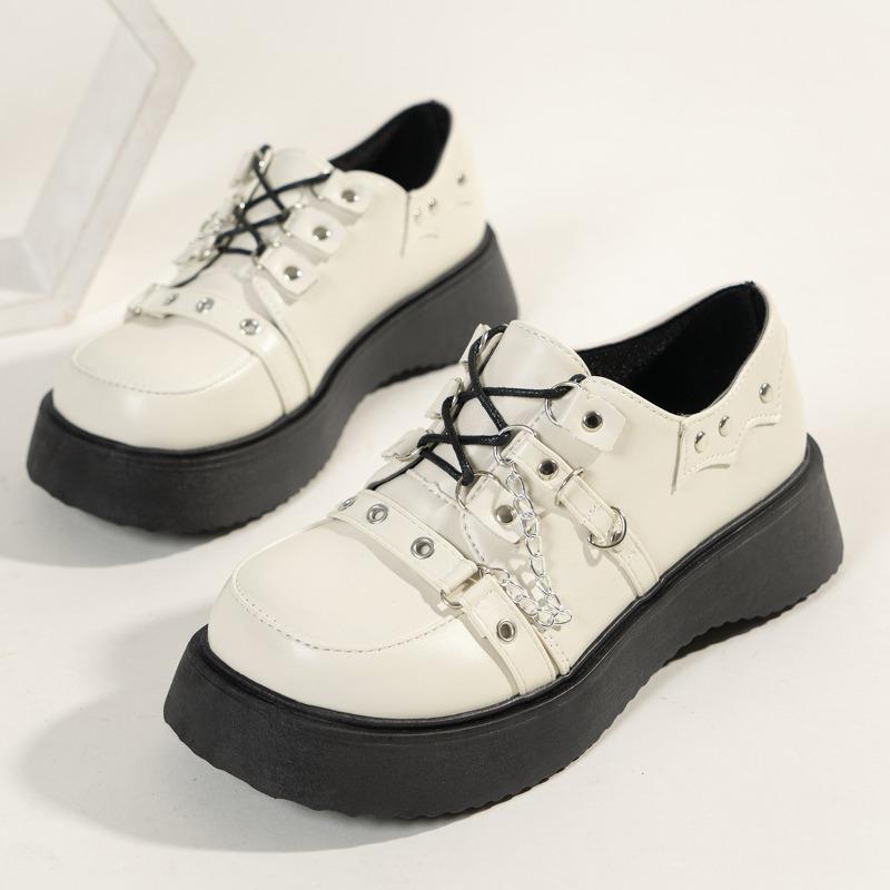 Fashion Metal Chain Wedge Single Fall New Round Toe Deep Mouth Front Lace-Up Platform Non-Slip Low-Top Shoes
