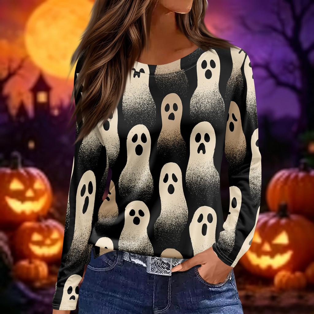 Women's Halloween Print Long Sleeve Round Neck Top with Hem Slits for Casual Fall Outings