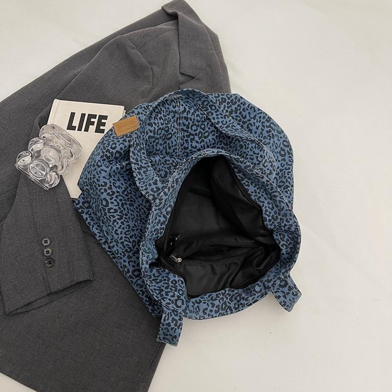 Denim Shoulder Bag Women's Large Capacity Shopping Bag Leopard Print Tote Bag Student Commuter Bag