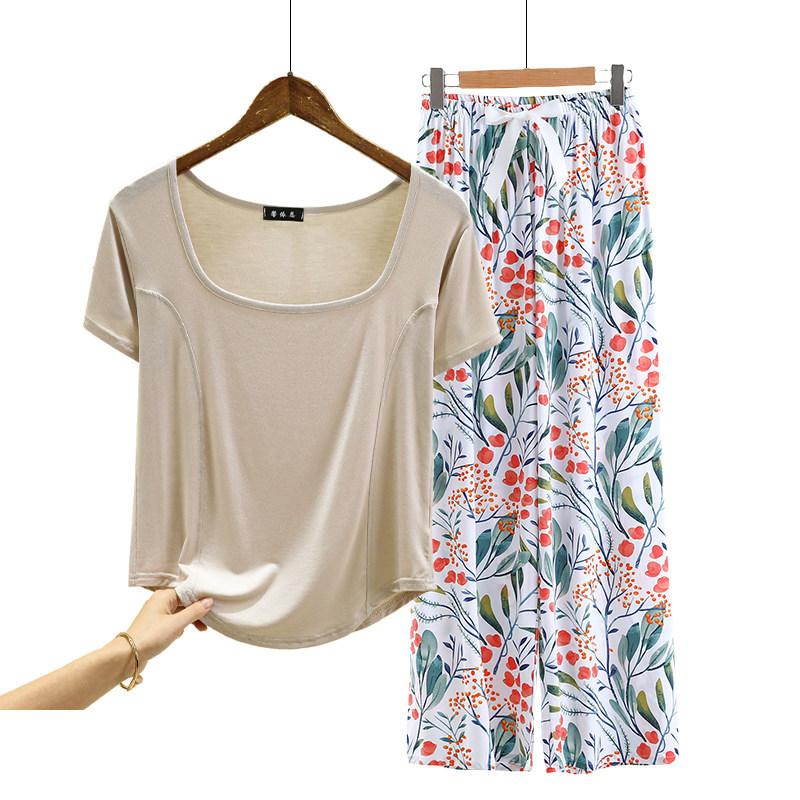 Fashion U Nek Tshirt and Floral Wide leg pants Summer fashion homewear 2pcs suit Loose Casual pajamas set comfort loungewear plus size