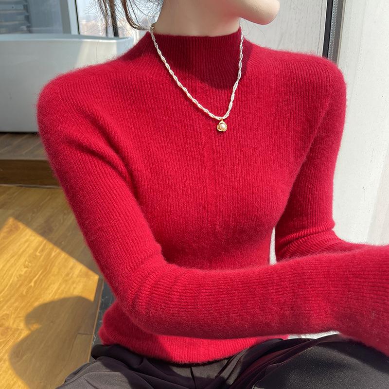 Women's Slim-Fit Wool Sweater - Autumn/Winter, Versatile Cashmere Knit, Half-High Collar