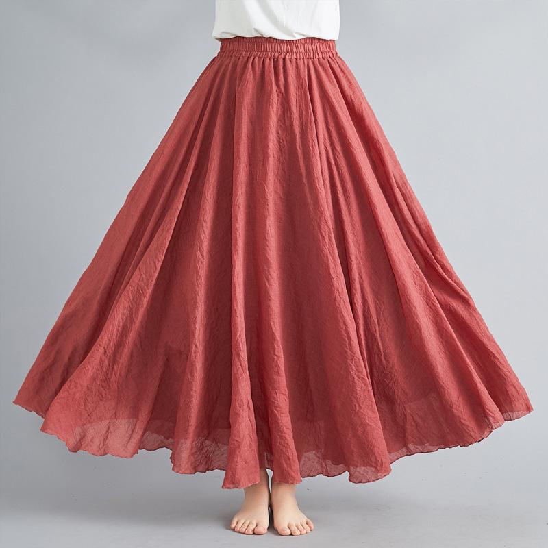 2024 Japan & Korea Loose Cotton-Linen Elastic Waist Midi Skirt – Solid Color A-line Swing Skirt