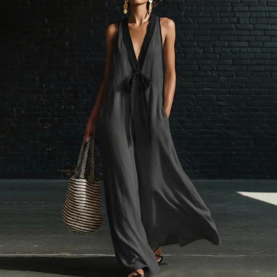 Γυναικείο Maxi Φόρεμα Color Block με Βαθύ V Λαιμό, Αμάνικο, Αέρινο, Χαλαρό, Μακρύ Φόρεμα-Μπλούζα, Καλοκαιρινό, για Παραλία, Διακοπές, Φόρεμα Ηλίου με Τσέπες