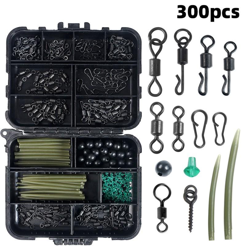 300pcs Carp Fishing Accessory Kit With Black Q-Style Swivel Long Arm Snap Bead Stopper Soft Tip Tube