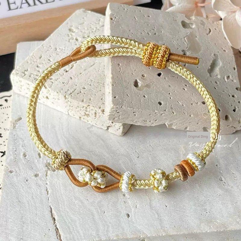 

Плетеный вручную двухслойный ремешок для переноски, носимый, с золотыми бусинами на удачу, плетеный шнур, полуфабрикат для самостоятельной сборки, браслет с персиковым цветом на удачу для женщин Maillard Single layer