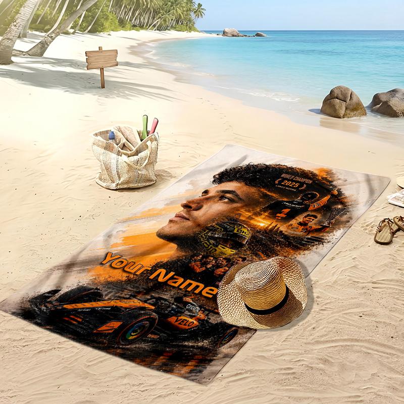 Asciugamano da Spiaggia Personalizzato Lando Norris, Stampa il Tuo Nome Testo Asciugamano Leggero Assorbente per Nuoto Viaggio